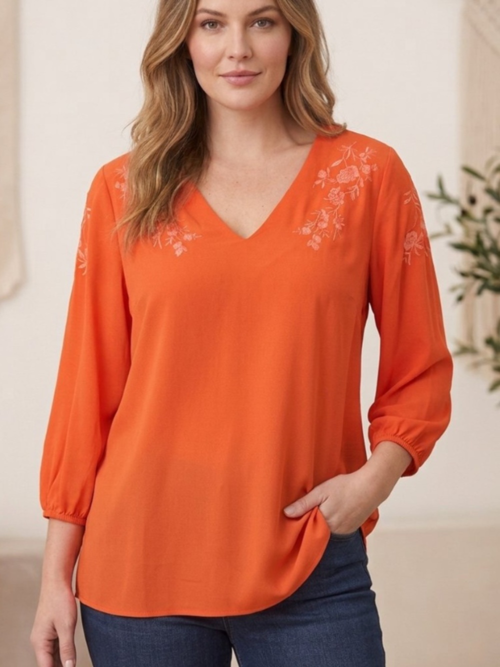 Guillaume Tangerine Embroidered Peasant Blouse